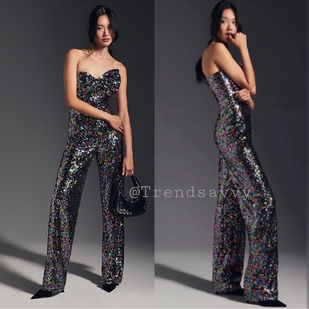 Anthropologie Hutch Black Multicolor Sequin Strapless Wide Leg Jumpsuit 6